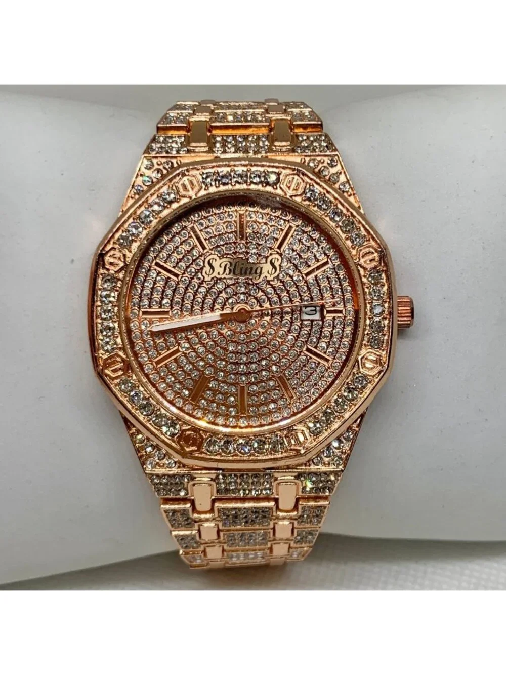 Bling iced men watch rose gold tone 41mm date indicator quartz up to 8” running